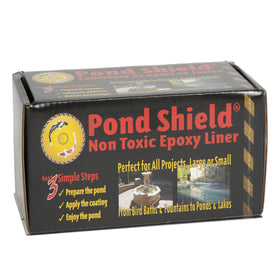 Pond Armor Pond Shield Competition Blue bottle demonstrates non-toxic waterproof coating for ponds.
