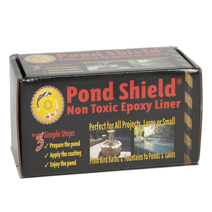 Pond Armor Pond Shield Competition Blue bottle demonstrates non-toxic waterproof coating for ponds.