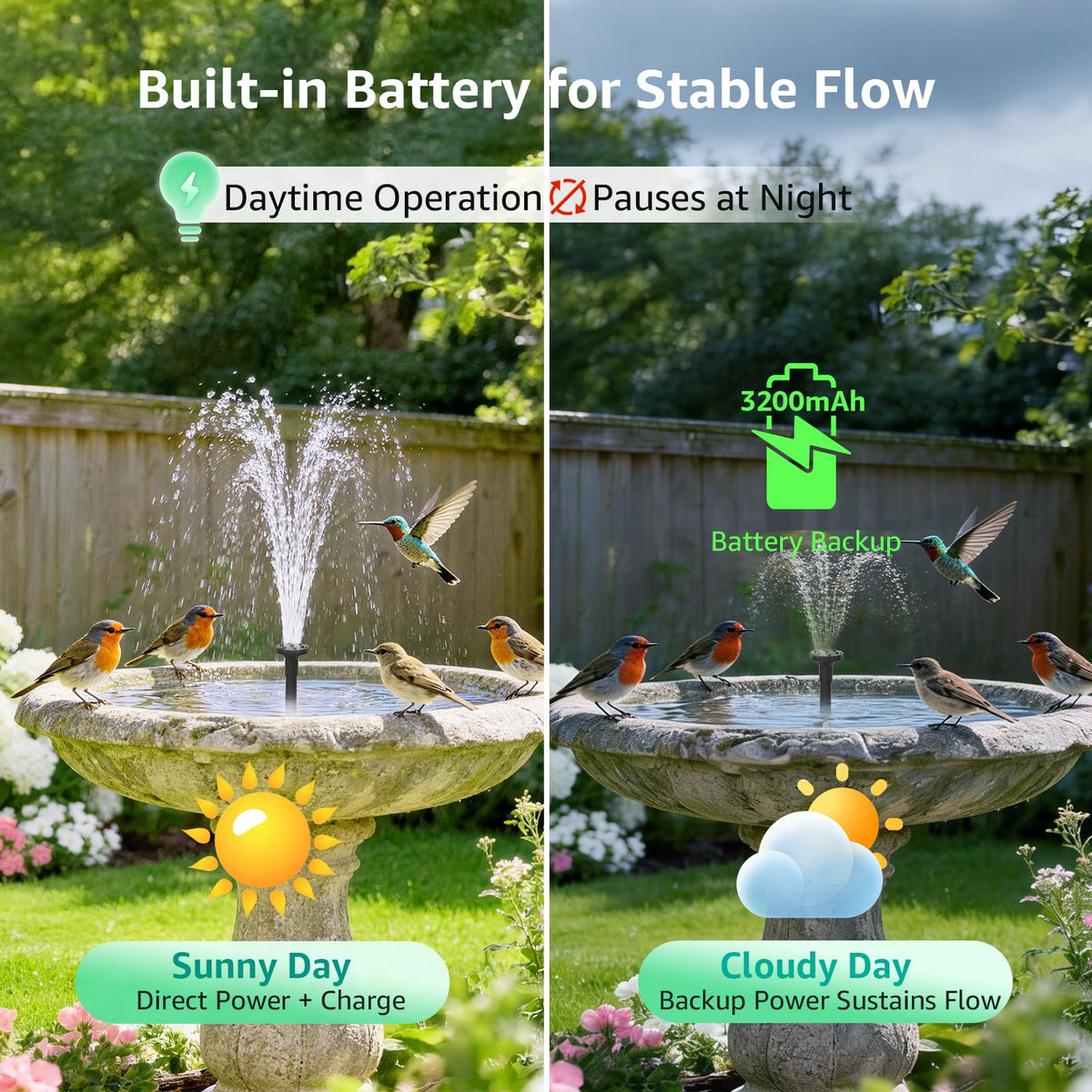 PONDIA 3000mAh battery backup keeps fountain running during partial daylight.