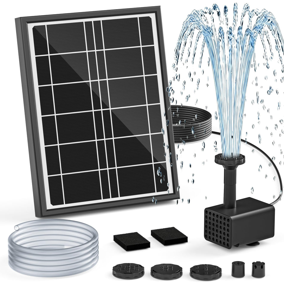 PONDIA solar fountain pump, front view, ideal for bird baths and ponds.