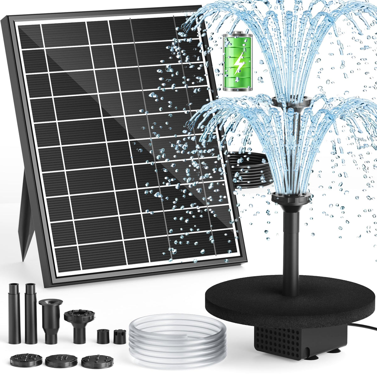PONDIA solar panel powering a steady fountain spray in bright sun.