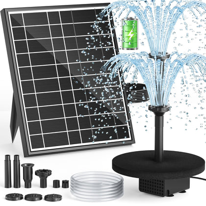 PONDIA solar panel powering a steady fountain spray in bright sun.