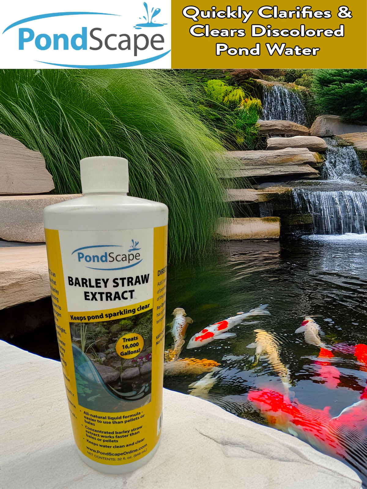 Pondscape Barley Straw Extract with measuring cup shows simple dosing.