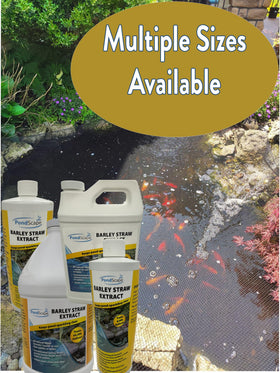 Pondscape Barley Straw Extract beside pond water illustrates gradual clarity.