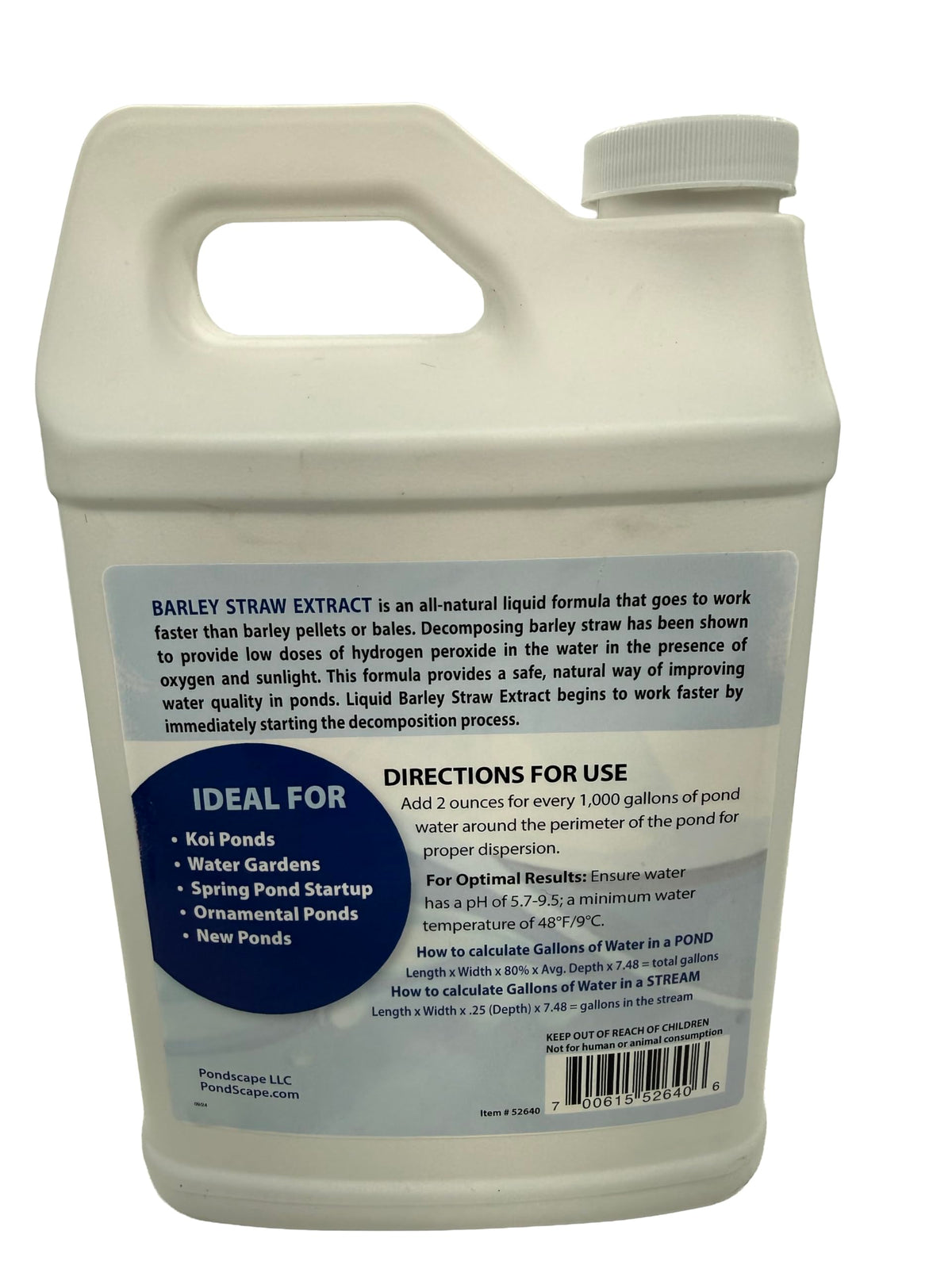 Pondscape Barley Straw Extract being poured supports easy pond care.