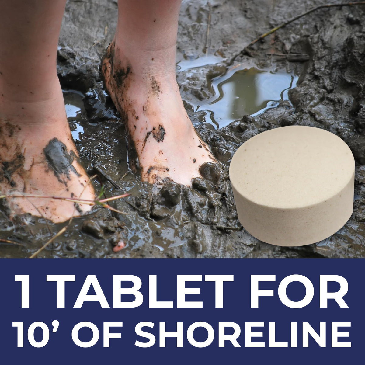 Tablets sinking into pond bed indicating easy, mess-free application.