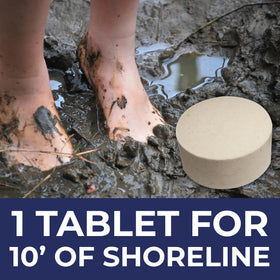 Tablets sinking into pond bed indicating easy, mess-free application.