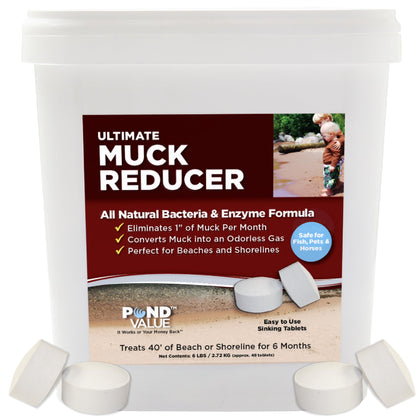 PondValue Ultimate Muck Reducer bottle shows natural bacteria for muck reduction.