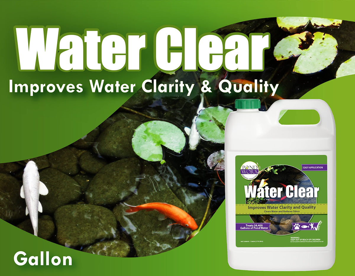 Pond Worx Water Clear label close-up highlighting enzyme formula
