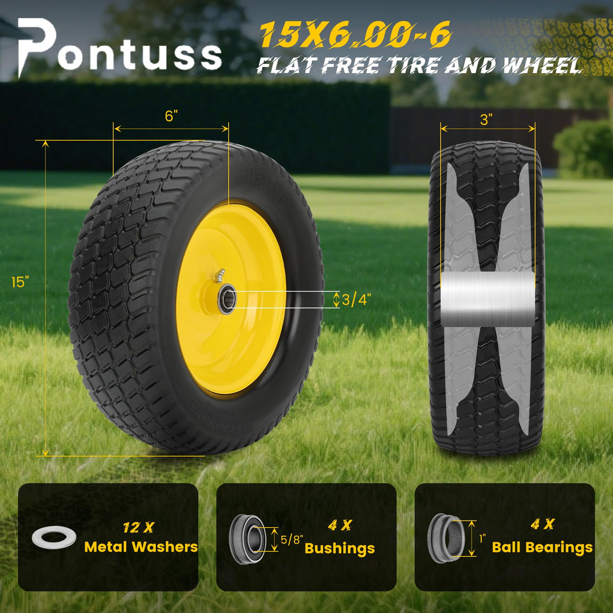 Pontuss 15x6 front-tire side view showing rugged tread for rough terrain.