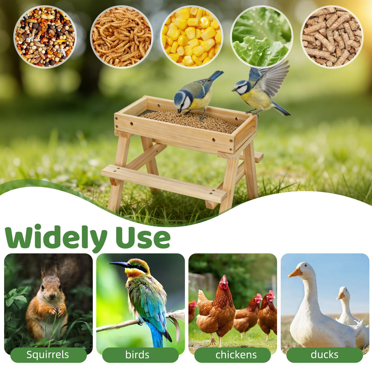 Pontuss picnic table feeder supports year-round feeding with cedar durability.
