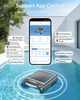 Poofata V1T edge and circulation modes cleaning pool surface