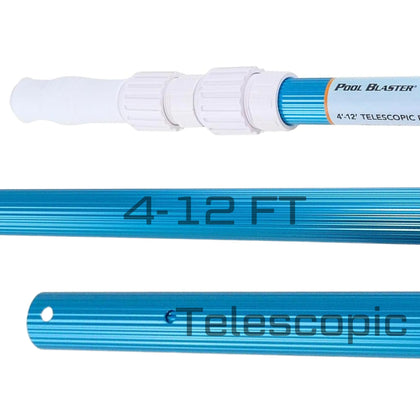 Pool Blaster extendable 12 ft pole reaching deep corners for thorough cleaning.