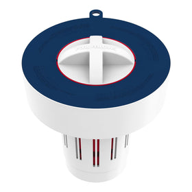 POOL FELLOWS floating blue tablet dispenser shown in water for easy access