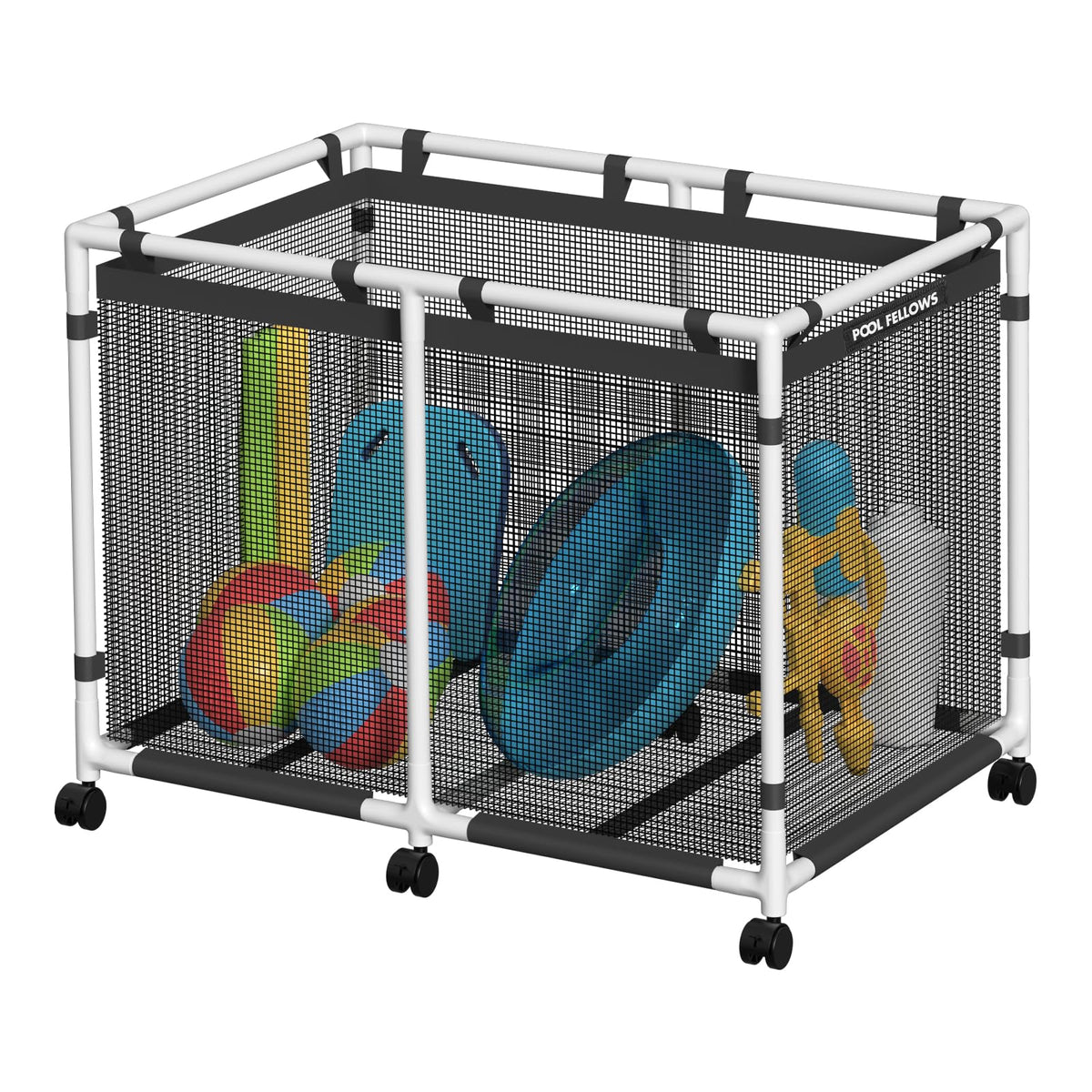 POOL FELLOWS Pool Storage Bin demonstrates 214-gallon capacity for pool gear