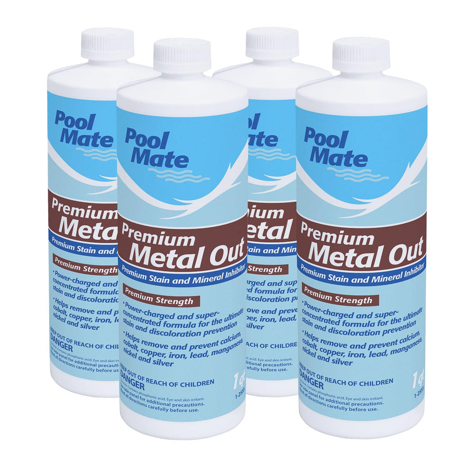 Pool Mate 1Quart 4-Pack bottle packaging showing stain and mineral inhibitor in a kit