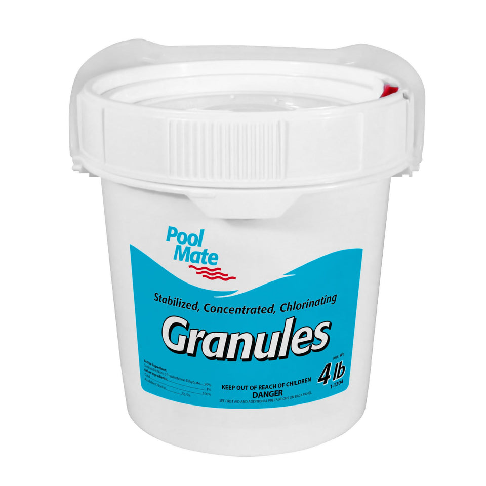 Pool Mate 4-Pound Chlorine Granules bottle for quick sanitization and clean pool water