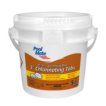 Pool Mate 5lb all-in-one tabs container shown for convenient feeder-based sanitization