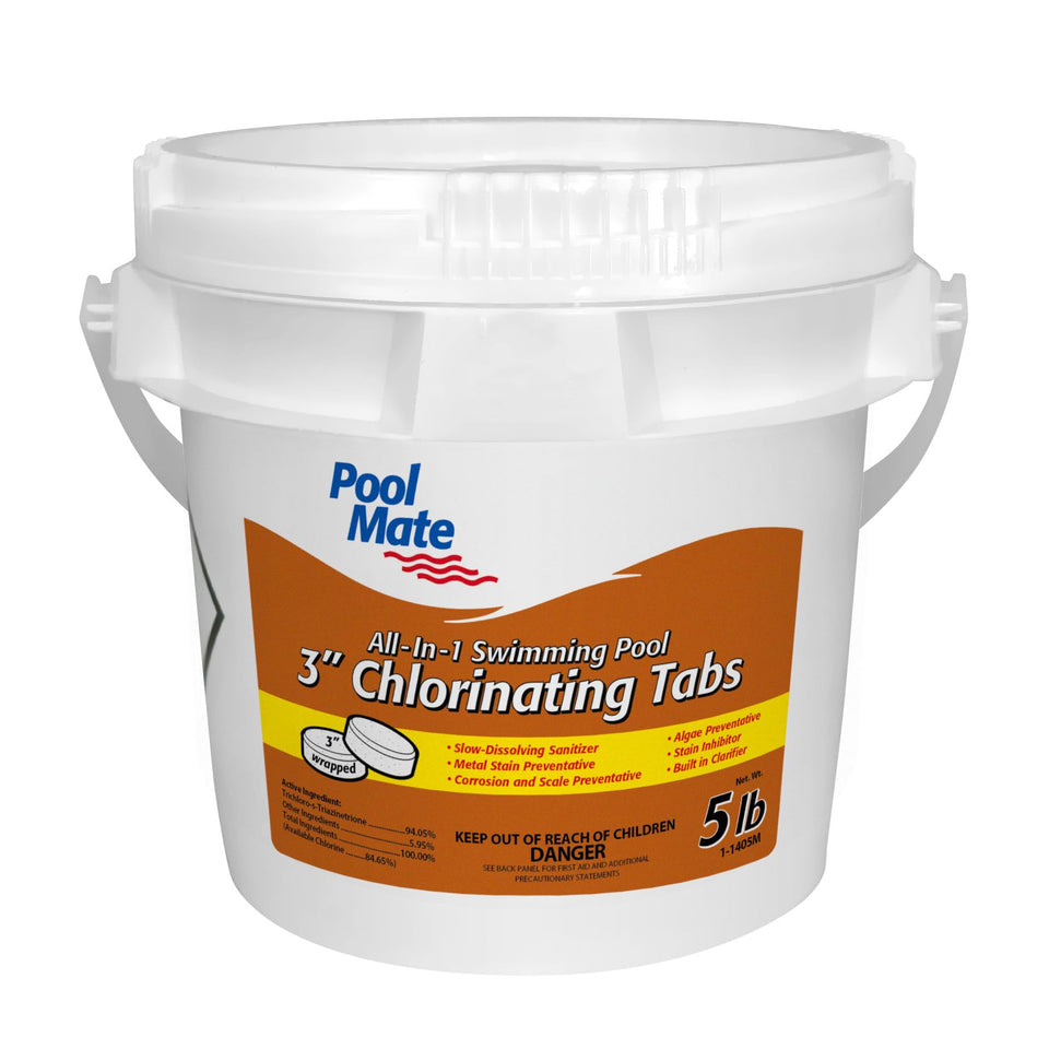 Pool Mate 5lb all-in-one tabs container shown for convenient feeder-based sanitization