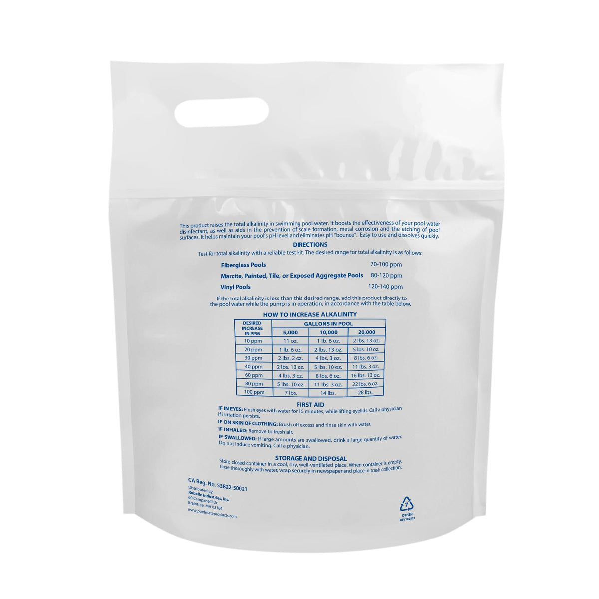 Pool Mate alkalinity increaser powder being poured into pool water for stabilization.