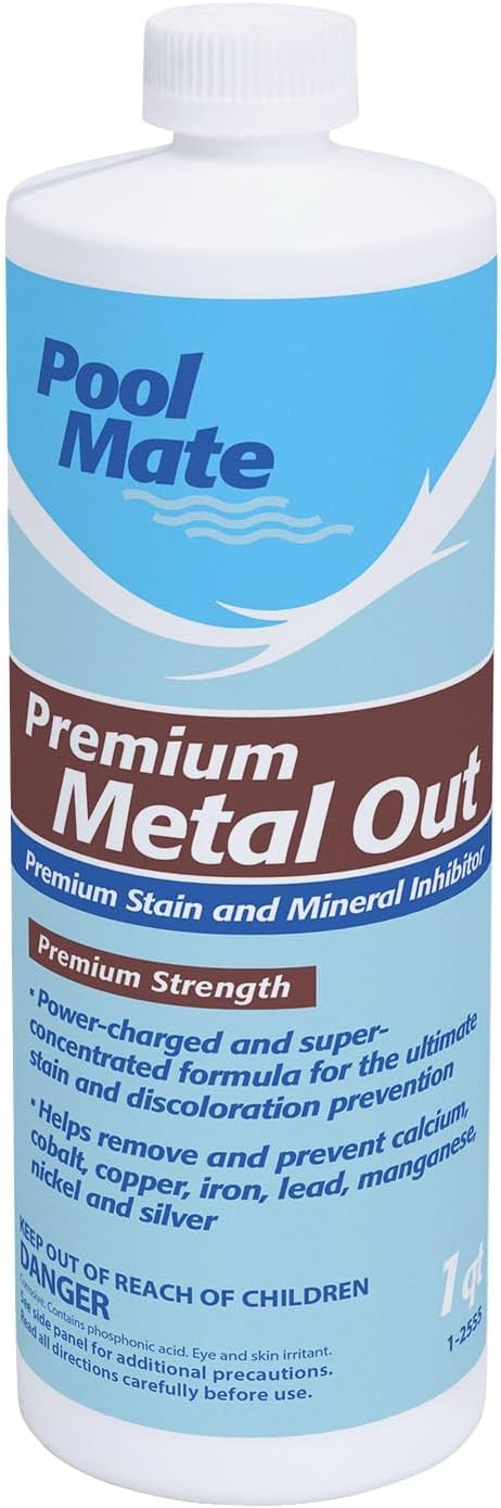 Pool Mate bottle label detail highlights premium mineral inhibitor features and compatibility.