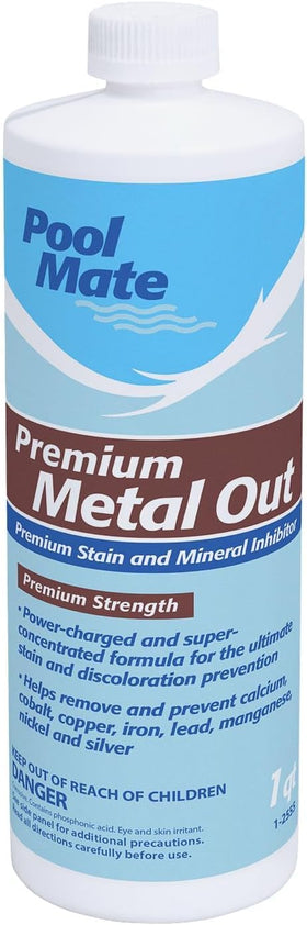 Pool Mate bottle label detail highlights premium mineral inhibitor features and compatibility.
