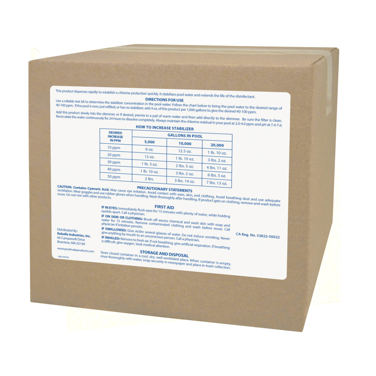 Pool Mate cyanuric acid level chart shows the 40-100 ppm target range