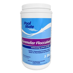 Pool Mate flocculant broadcast application evenly distributing as it starts to work
