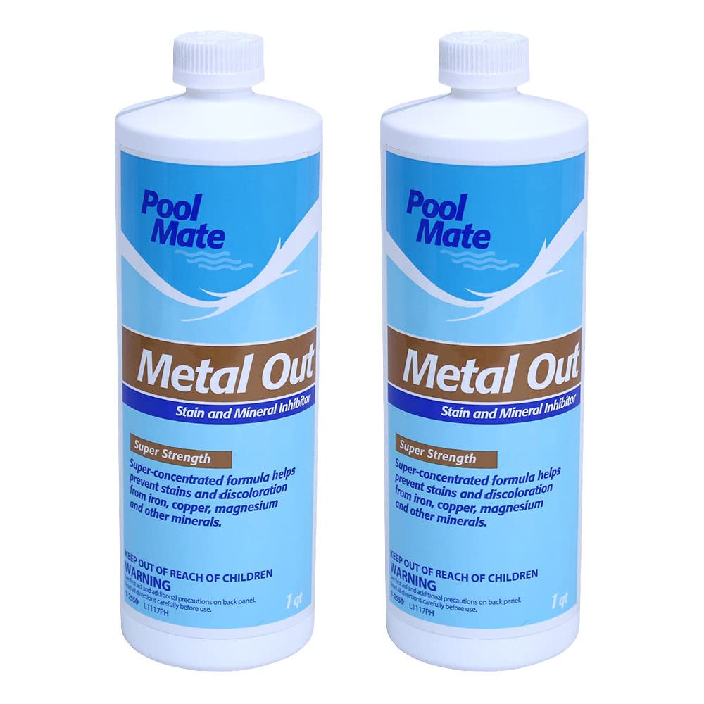 Pool Mate Metal Out 1qt bottle front shows easy-to-pour formula for metal control.