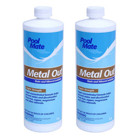 Pool Mate Metal Out 1qt bottle front shows easy-to-pour formula for metal control.