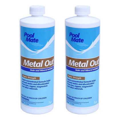 Pool Mate Metal Out 1qt bottle front shows easy-to-pour formula for metal control.