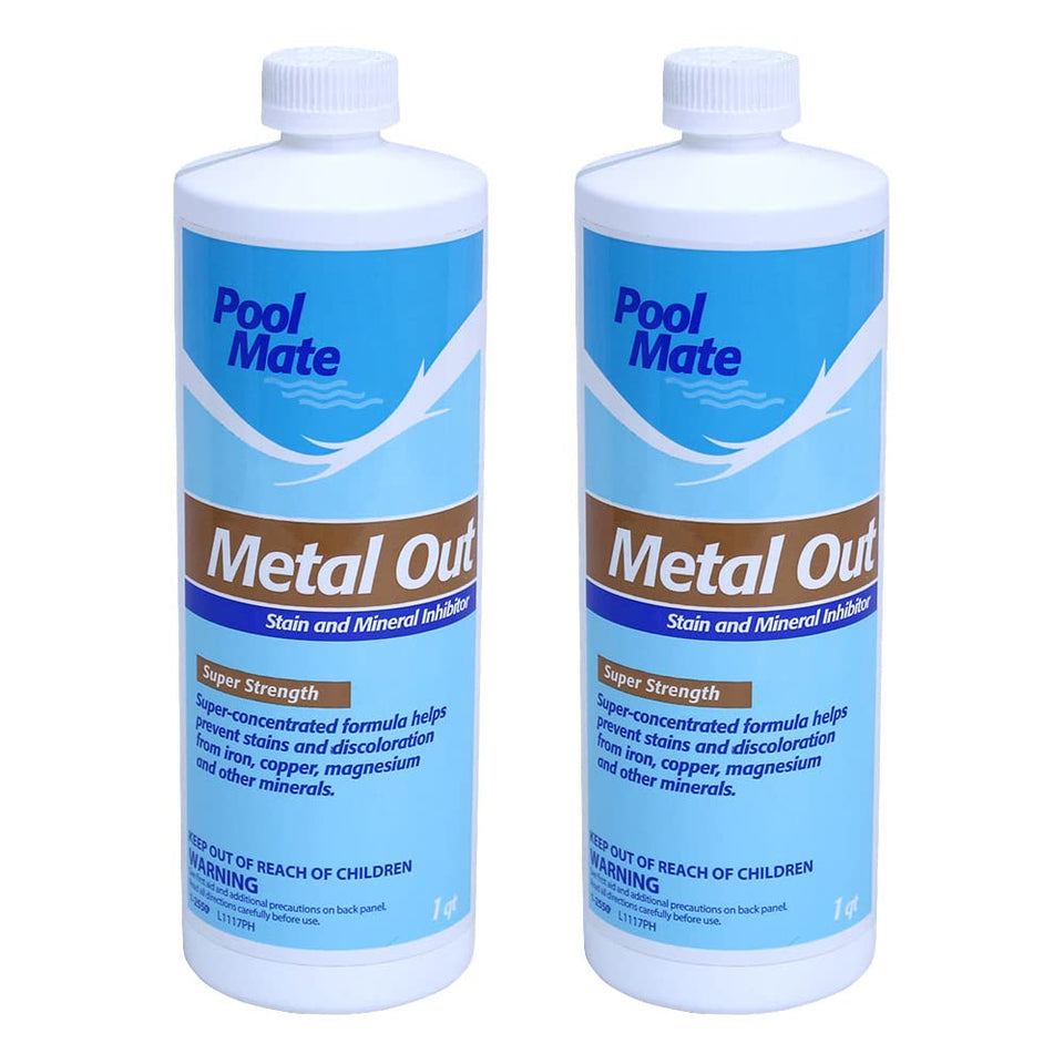 Pool Mate Metal Out 1qt bottle front shows easy-to-pour formula for metal control.