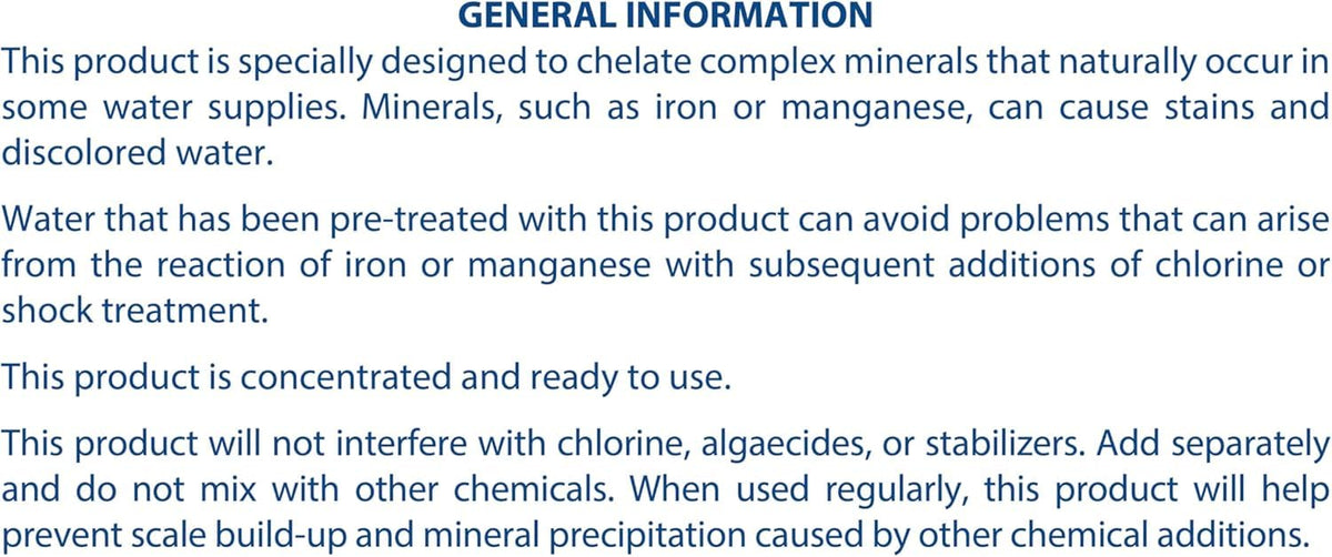 Pool Mate mineral inhibitor action shows metal chelation for stain prevention.