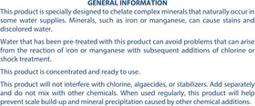 Pool Mate mineral inhibitor action shows metal chelation for stain prevention.