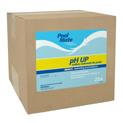 Pool Mate pH Up bottle pour demonstrates even dosing for balanced pool water.