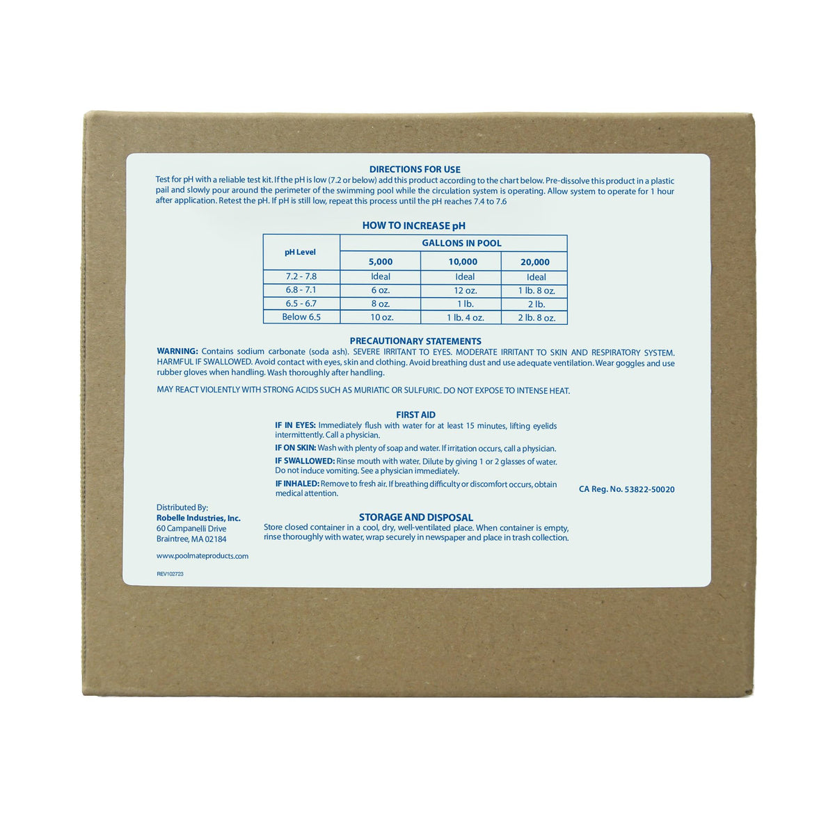 Pool Mate pH Up packaging shows 25-lb bag for home pool care.