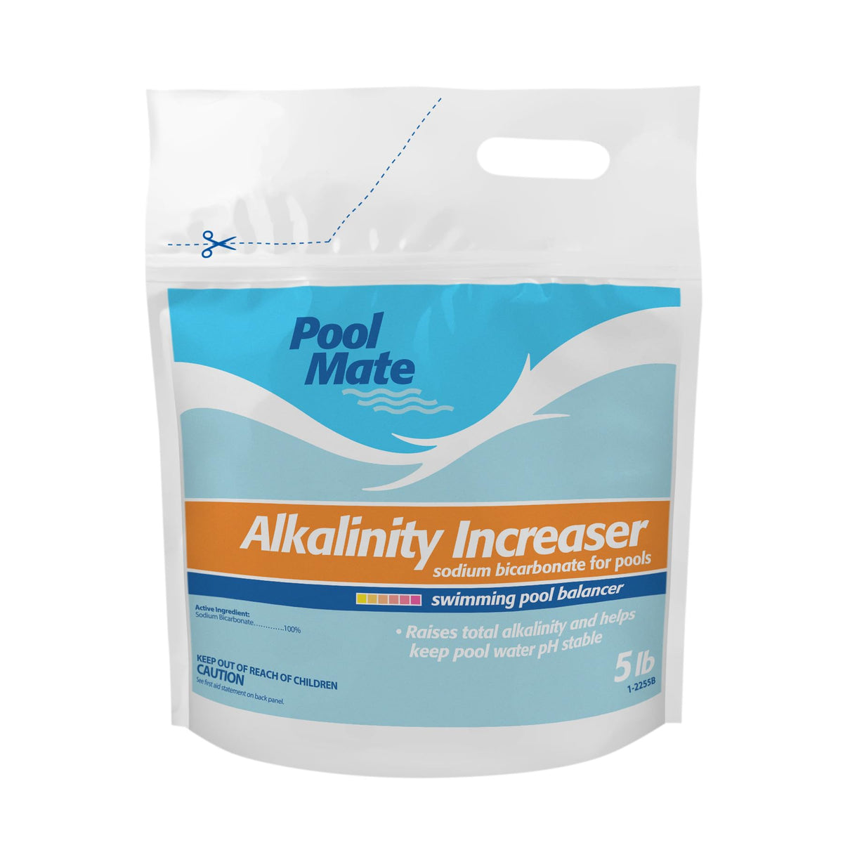 Pool Mate premium alkalinity increaser powder on packaging supporting balanced pool water.