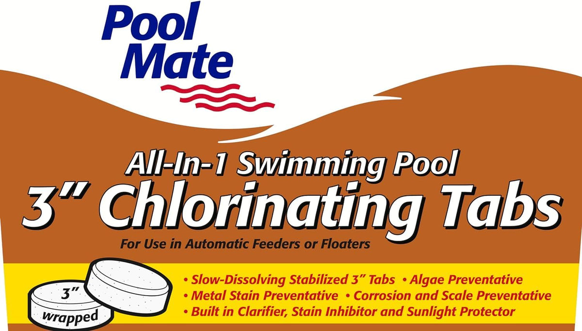 Pool Mate dissolving tabs demonstrating gradual action improving water clarity