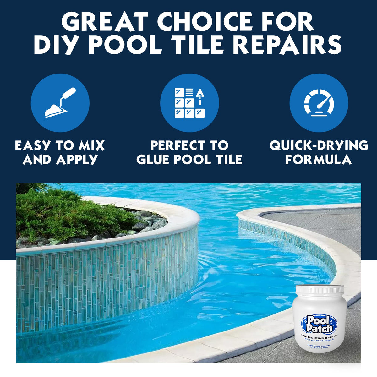 Pool Patch adhesive application in progress for durable tile bond