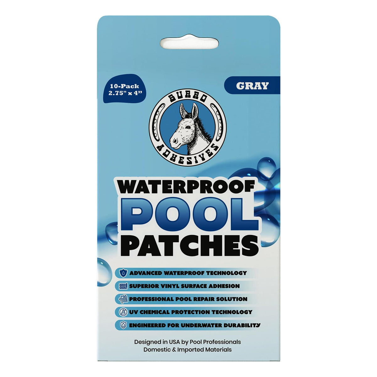 Pool Patch Burro Adhesives gray patch ready for quick vinyl liner repairs.