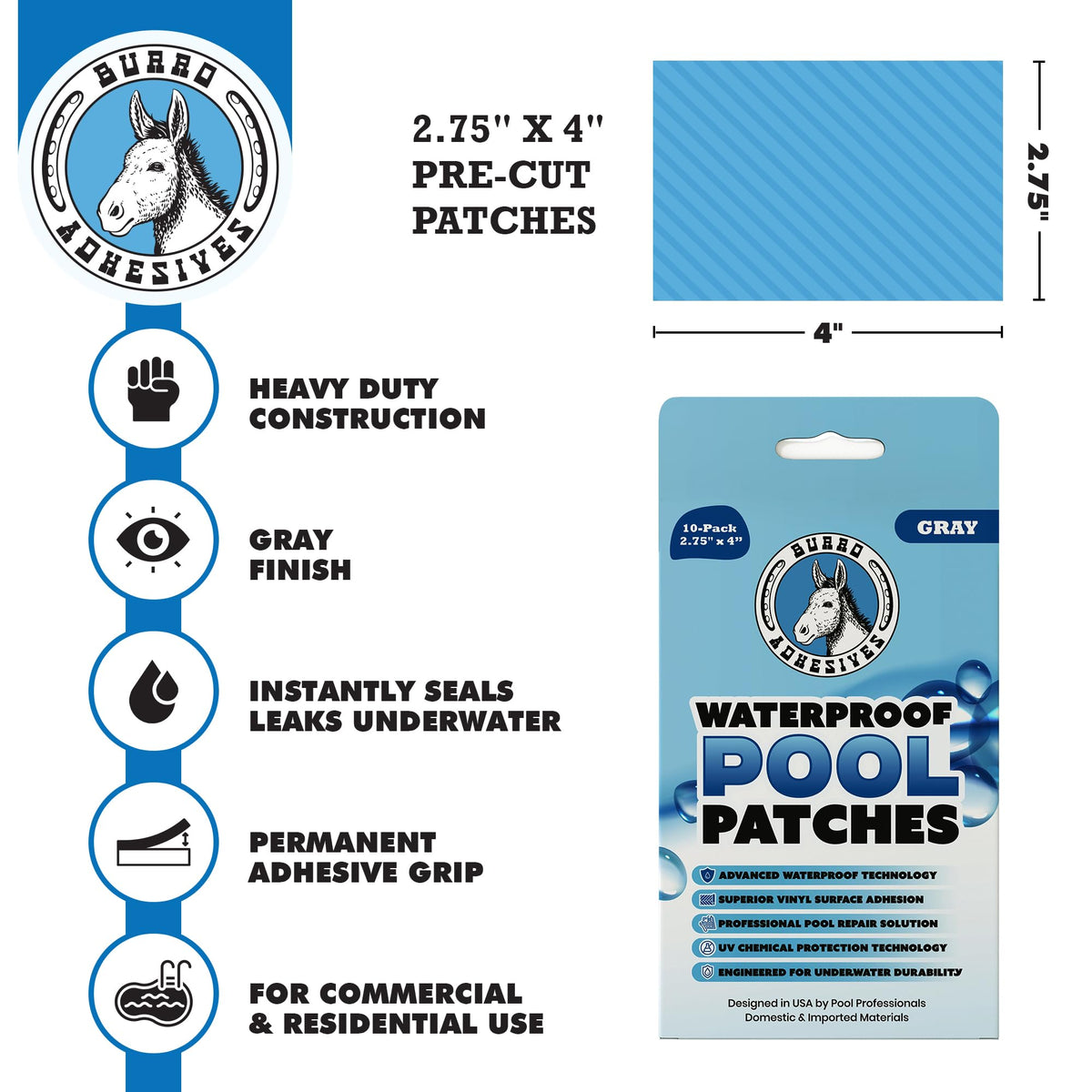 Pool Patch Burro Adhesives 2.75-by-4-inch patch enables precise liner repairs.