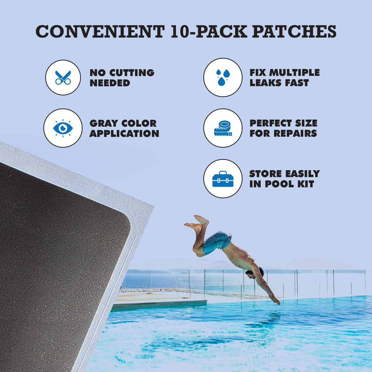 Pool Patch Burro Adhesives transparent design blends with liners for discreet repairs.