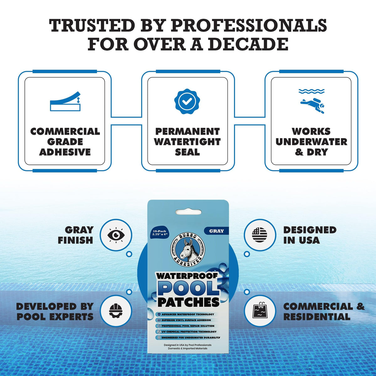 Pool Patch Burro Adhesives vinyl liner repair for residential or commercial pools.