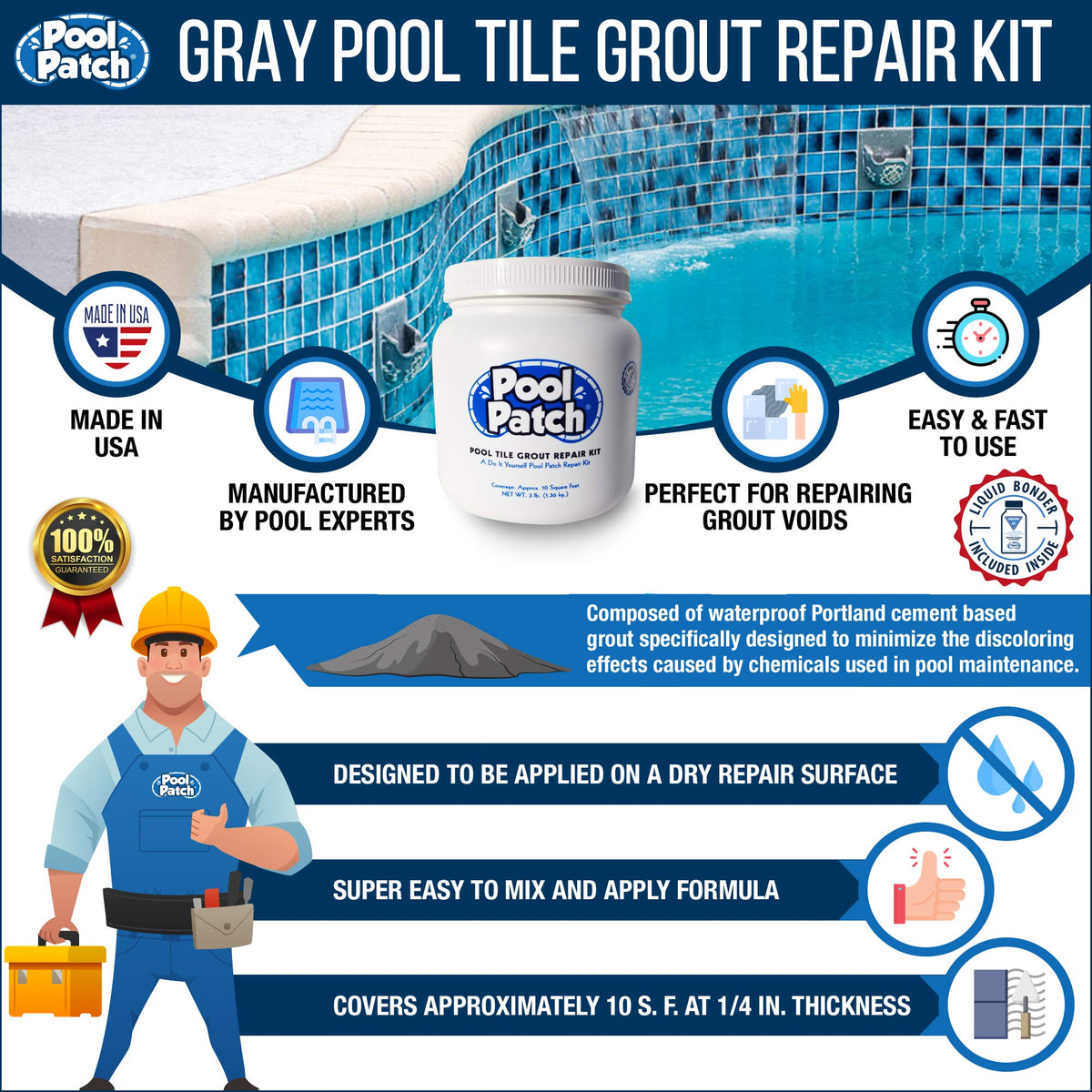 Pool Patch Gray liquid cement bonder ensures strong adhesion for tile grout repairs.