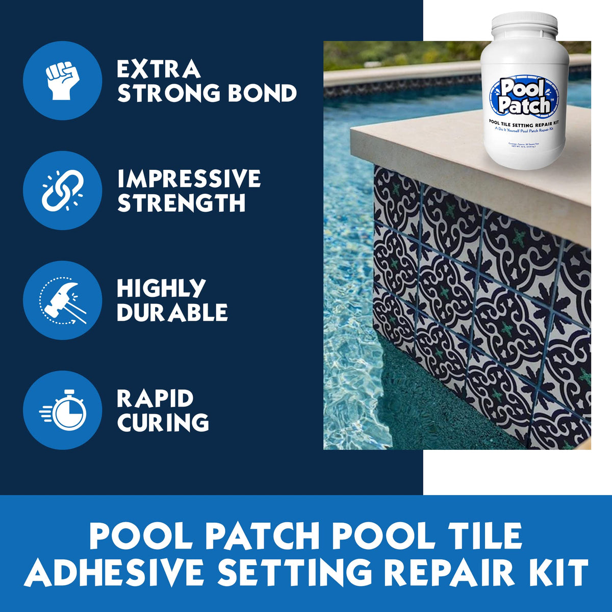 Pool Patch mixing process shows easy preparation for DIY pool tile fixes.