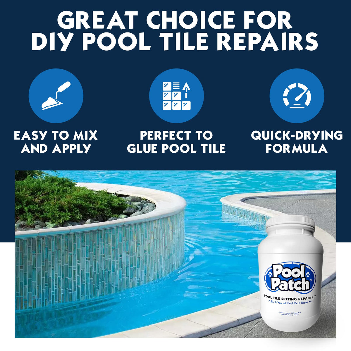 Pool Patch tile application close-up demonstrates fast-setting bond for waterline tiles.