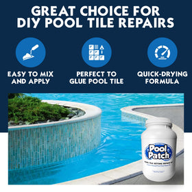 Pool Patch tile application close-up demonstrates fast-setting bond for waterline tiles.