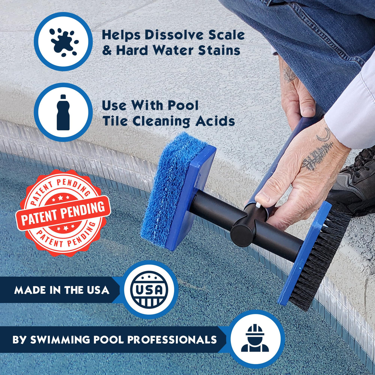 Pool Patch grout scrubber cleans tile grout while brushing waterline tiles.