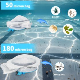Pool Stomach 55 cordless vacuum shows 20L debris capacity with two bags