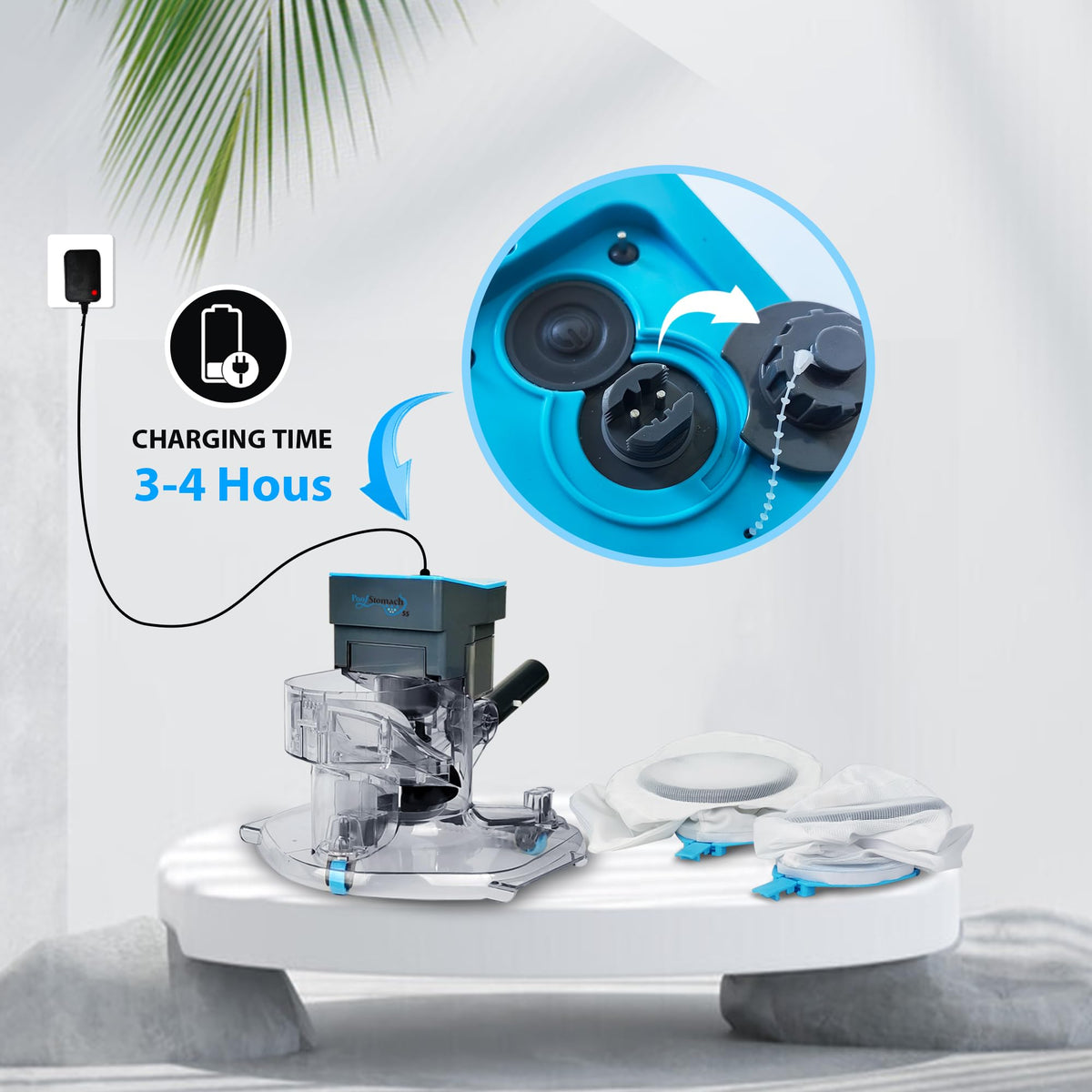 Pool Stomach 55 cordless vacuum charging setup with compatible pole and charger